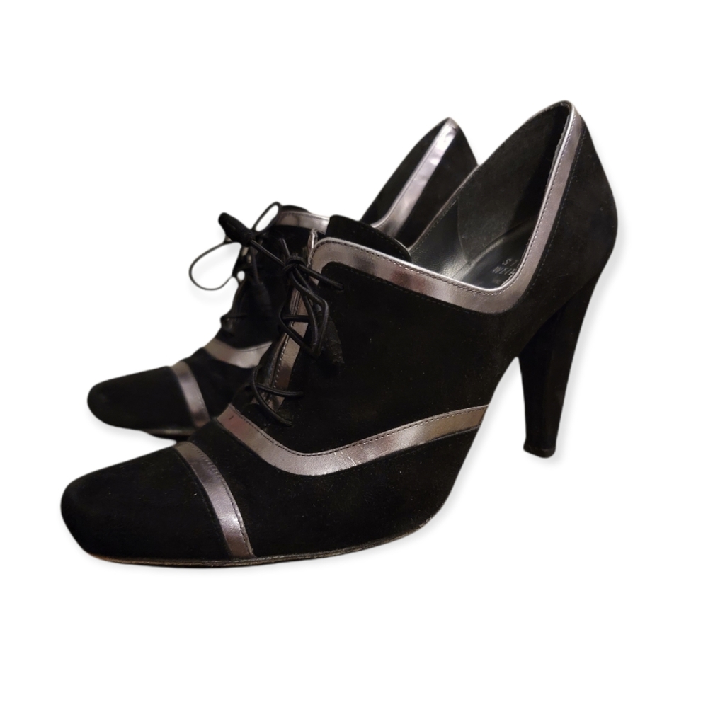 Stuart Weitzman Black Suede Metallic Silver Oxford Ankle Boot Heels Size 8